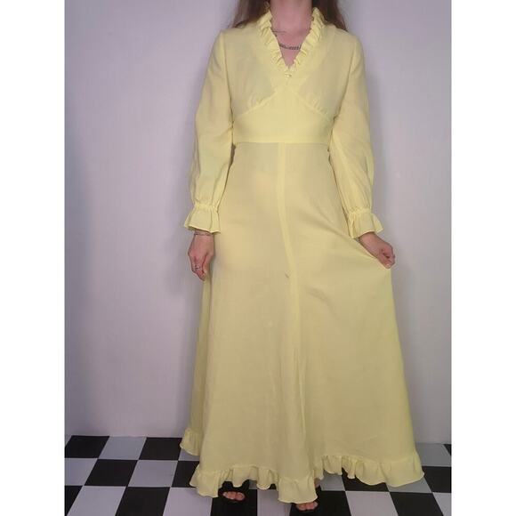 50s 60s Vtg Whimsi Yellow Cottage Prairie Vneck Empire Waist Maxi Dress Sz Small - Picture 3 of 10